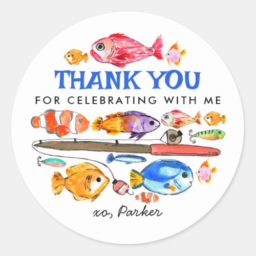 Cute O_Fish_al Reel Fun Fishing Birthday Thank You Classic Round Sticker