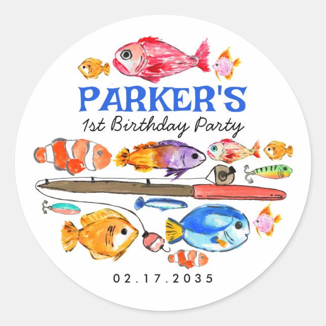 Cute O-Fish-al Reel Fun Gone Fish Fishing Birthday Classic Round Sticker (Front)