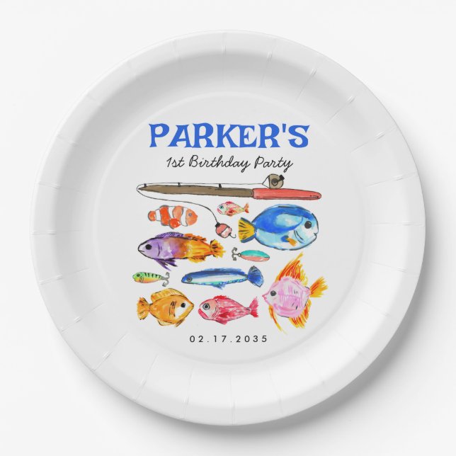 Cute O-Fish-al Reel Fun Gone Fish Fishing Birthday Paper Plates (Front)