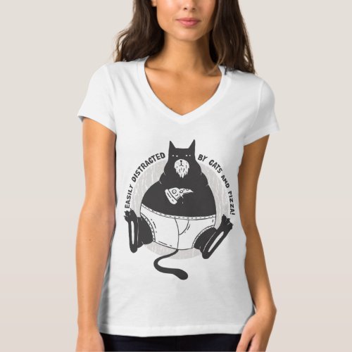 Cute obese Black Cat eats Pizza Easily Distracted T_Shirt
