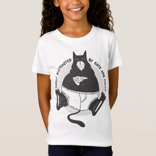 Cute obese Black Cat eats Pizza Easily Distracted T_Shirt