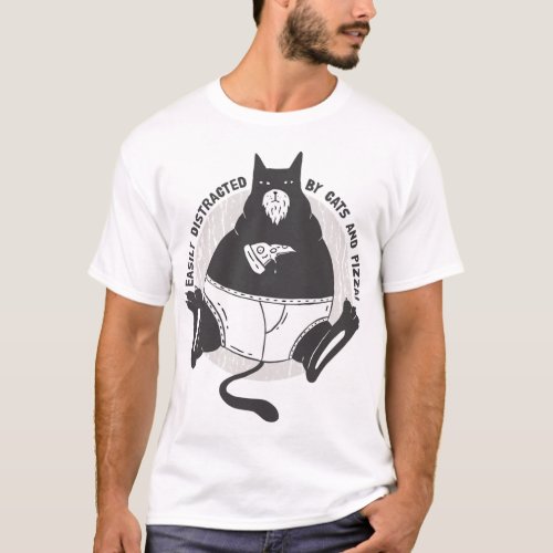 Cute obese Black Cat eats Pizza Easily Distracted T_Shirt
