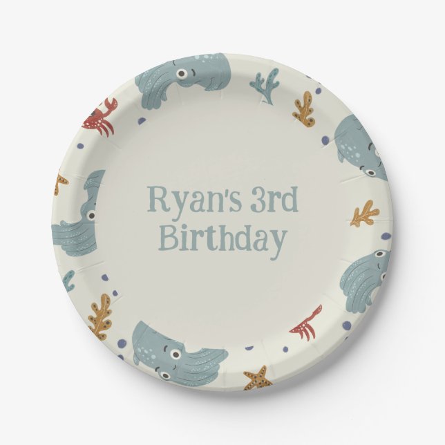 Cute Ocean Animals Birthday Party Cake Paper Plates (Front)