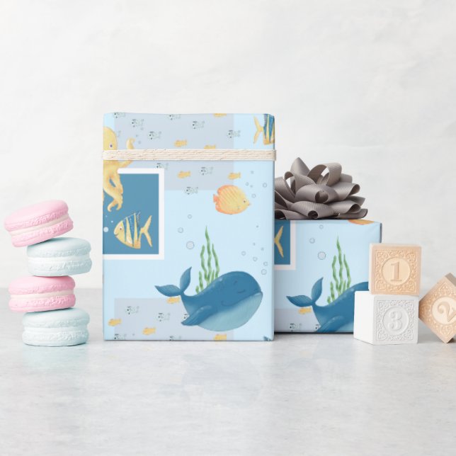 Cute Ocean Animals Blue Baby Underwater Wrapping Paper (Baby Shower)