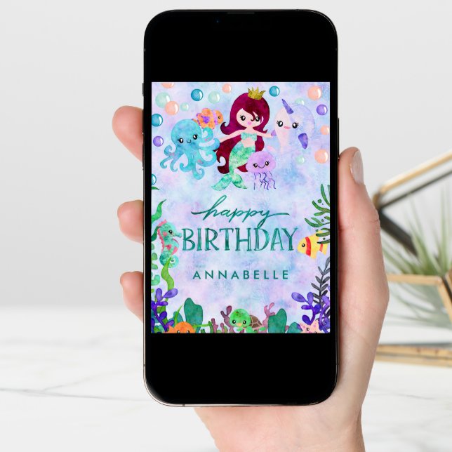 Cute Ocean Animals Mermaid Theme Happy Birthday Card (Front Digital)