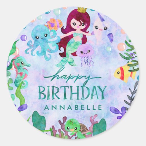 Cute Ocean Animals Mermaid Theme Happy Birthday Classic Round Sticker