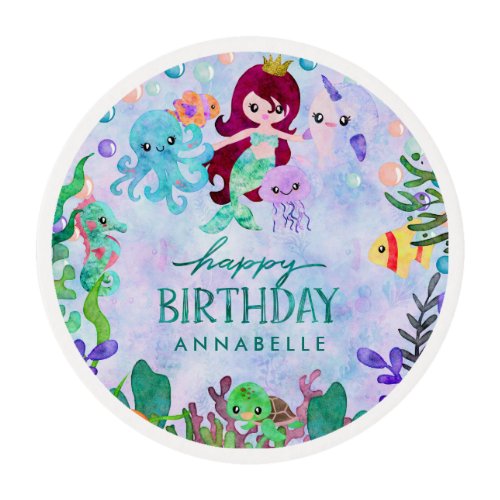 Cute Ocean Animals Mermaid Theme Happy Birthday Edible Frosting Rounds