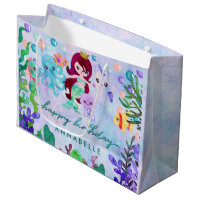 Cute Ocean Animals Mermaid Theme Happy Birthday Large Gift Bag