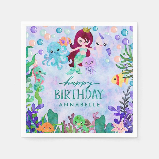 Cute Ocean Animals Mermaid Theme Happy Birthday Napkins (Front)