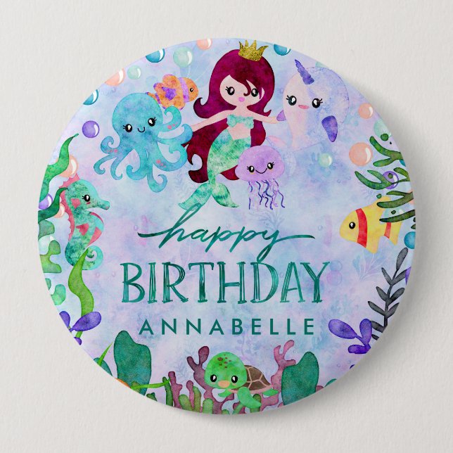 Cute Ocean Animals Mermaid Theme Happy Birthday Pinback Button (Front)