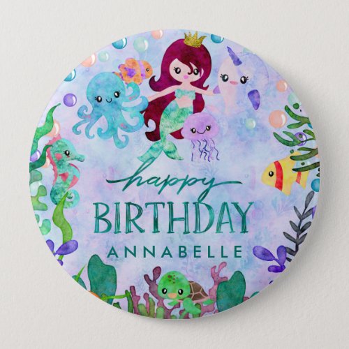 Cute Ocean Animals Mermaid Theme Happy Birthday Pinback Button