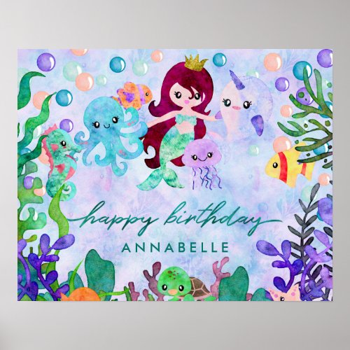 Cute Ocean Animals Mermaid Theme Happy Birthday Poster