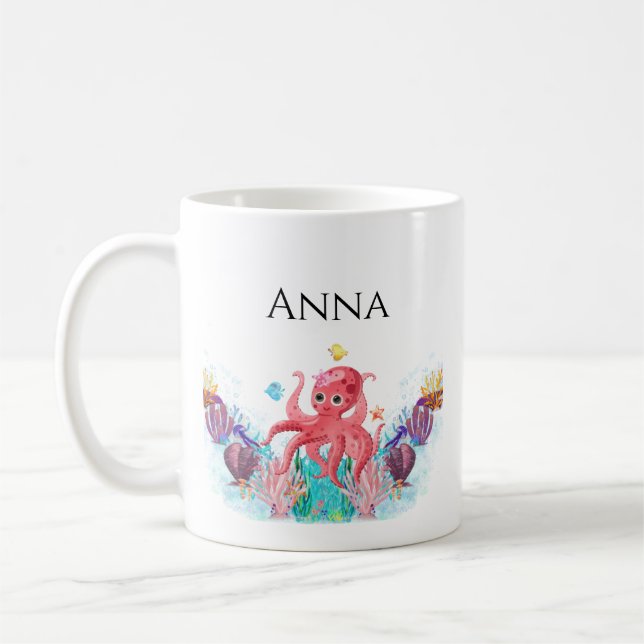 Cute Ocean baby Octopus & colourful seashells Name Coffee Mug (Left)