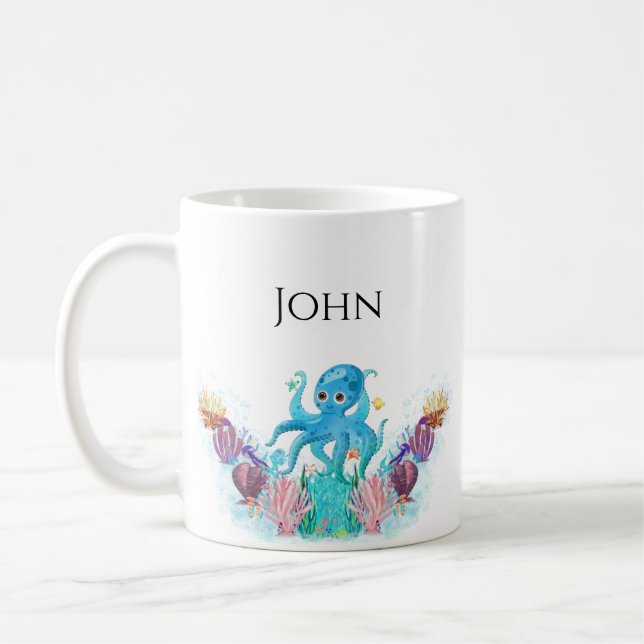Cute Ocean baby Octopus & colourful seashells Name Coffee Mug (Left)