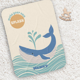 Cute Ocean Blue Whale Name Baby Blanket