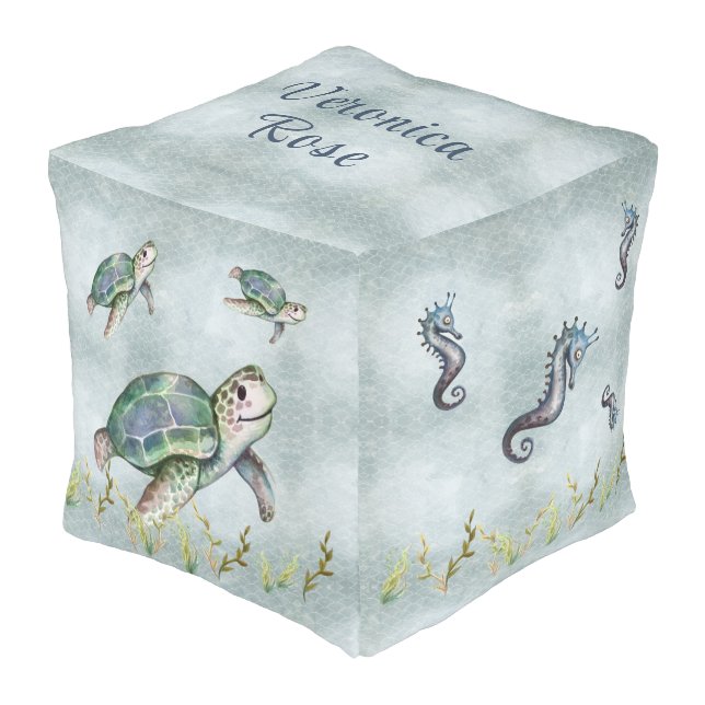 Cute Ocean Creatures Turtle Octopus Seahorse Baby  Pouf (Angled Front)