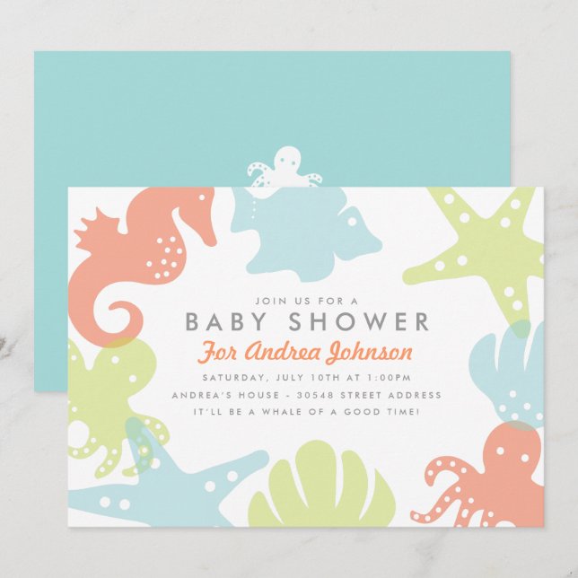 Cute Ocean Critters Baby Shower Invitation (Front/Back)