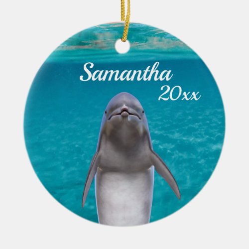 Cute Ocean Dolphin Lover Monogram Name Ceramic Ornament