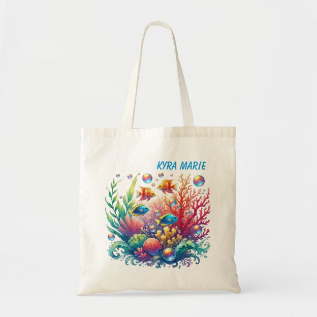 Cute ocean fish add name beach  tote bag (Front)