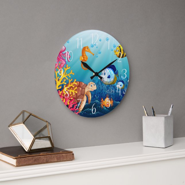 cute ocean fish beach house  large clock (Office)