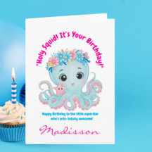 Cute Ocean Floral Octopus Girly Kids Birthday Card