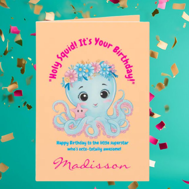 Cute Ocean Floral Octopus Girly Kids Birthday Card (Creator Uploaded)