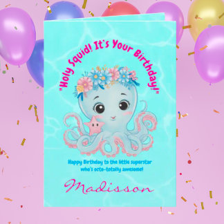 Cute Ocean Floral Octopus Girly Kids Birthday Card