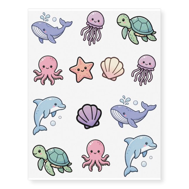 Cute Ocean Friends Kawaii Sea Animals Temporary Tattoos (Front)