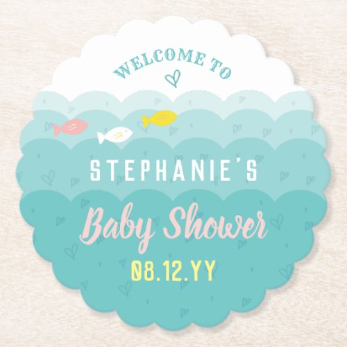 Cute Ocean Hearts Fish Whimsical Baby Shower Paper Coaster