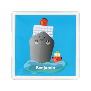 Cute ocean liner ship tug cartoon illustration acrylic tray
