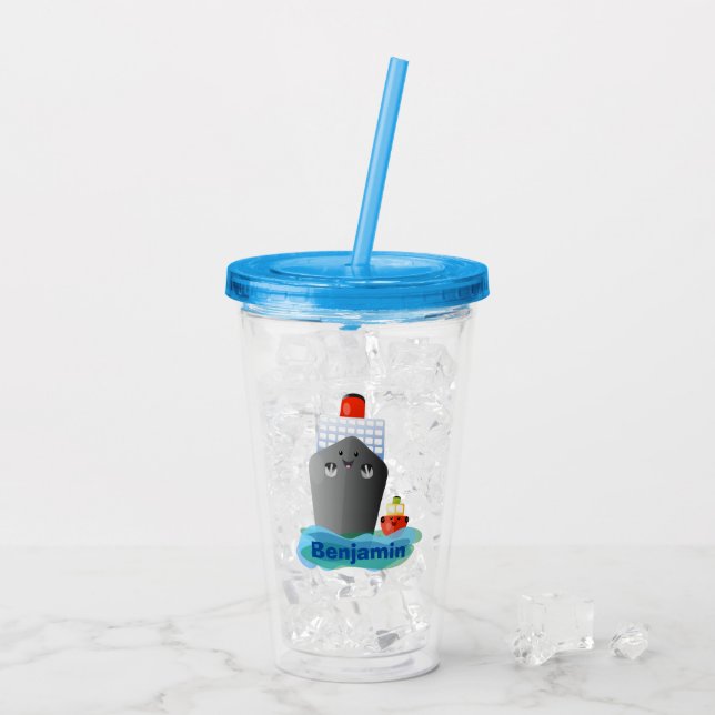 Cute ocean liner ship tug cartoon illustration acrylic tumbler (Back Ice)