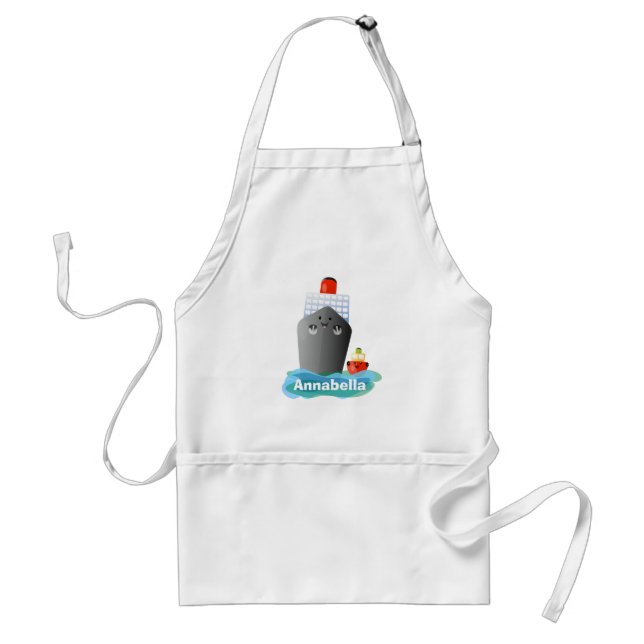 Cute ocean liner ship tug cartoon illustration adult apron (Front)