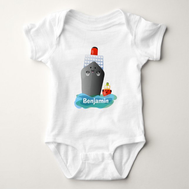 Cute ocean liner ship tug cartoon illustration baby bodysuit (Front)