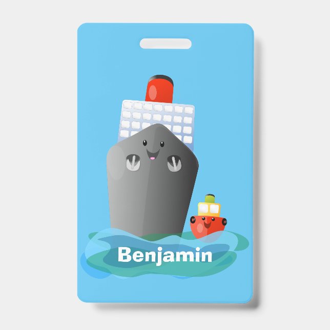 Cute ocean liner ship tug cartoon illustration badge (Front)