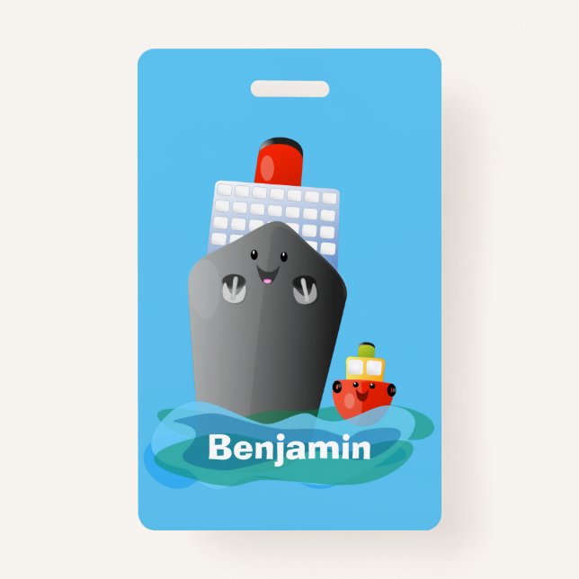 Cute ocean liner ship tug cartoon illustration badge (Front)