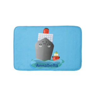 Cute ocean liner ship tug cartoon illustration bath mat