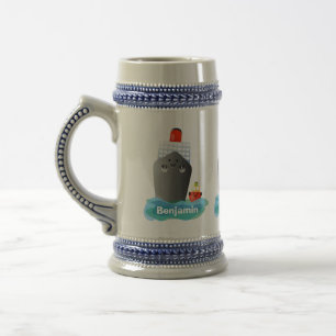 Cute ocean liner ship tug cartoon illustration beer stein