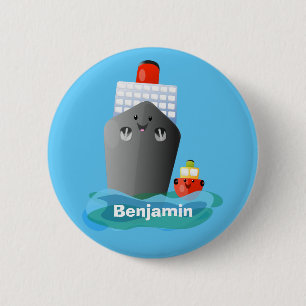 Cute ocean liner ship tug cartoon illustration button