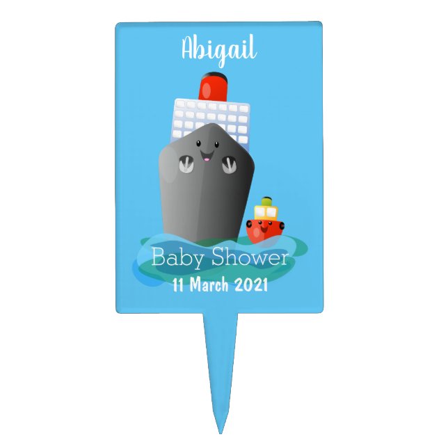 Cute ocean liner ship tug cartoon illustration cake topper (Front)