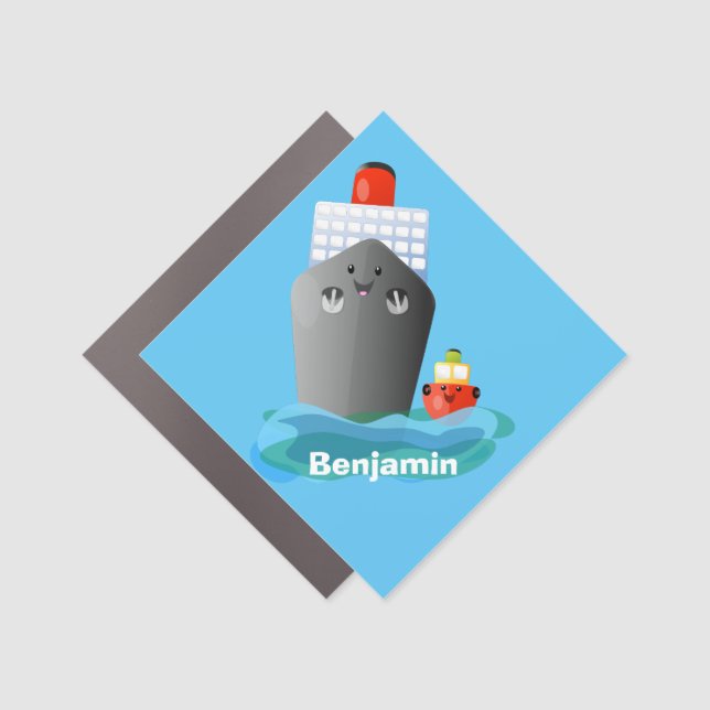 Cute ocean liner ship tug cartoon illustration car magnet (Front)