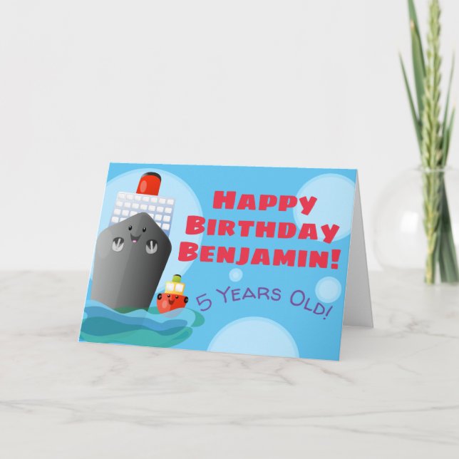 Cute ocean liner ship tug cartoon illustration card (Front)