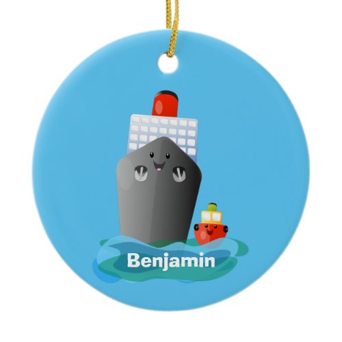 Cute ocean liner ship tug cartoon illustration ceramic ornament