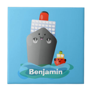 Cute ocean liner ship tug cartoon illustration ceramic tile