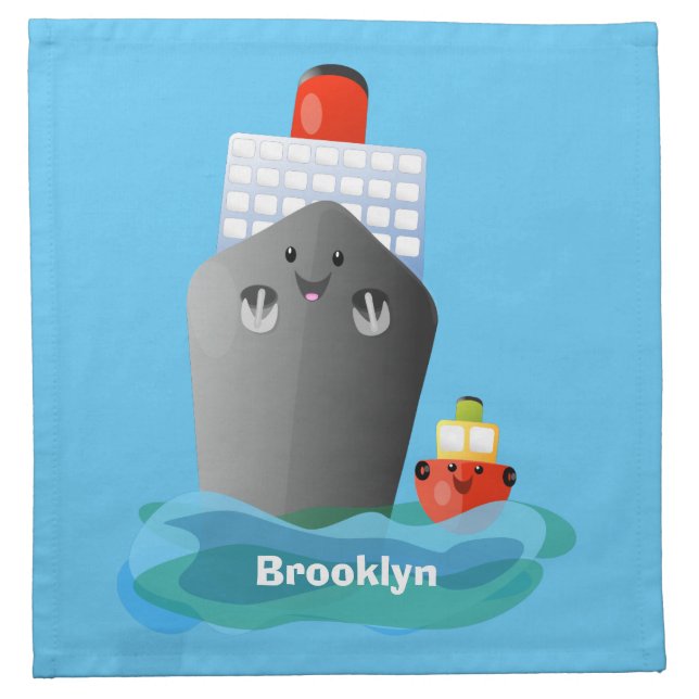 Cute ocean liner ship tug cartoon illustration cloth napkin (Front)