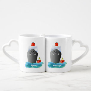 Cute ocean liner ship tug cartoon illustration coffee mug set