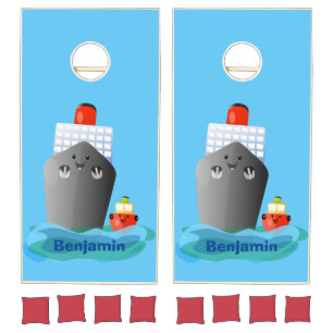 Cute ocean liner ship tug cartoon illustration cornhole set