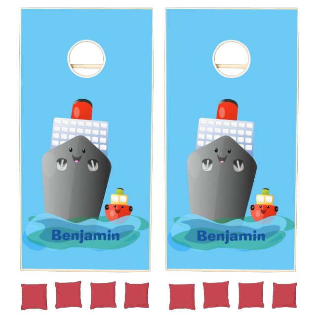 Cute ocean liner ship tug cartoon illustration cornhole set (Set)