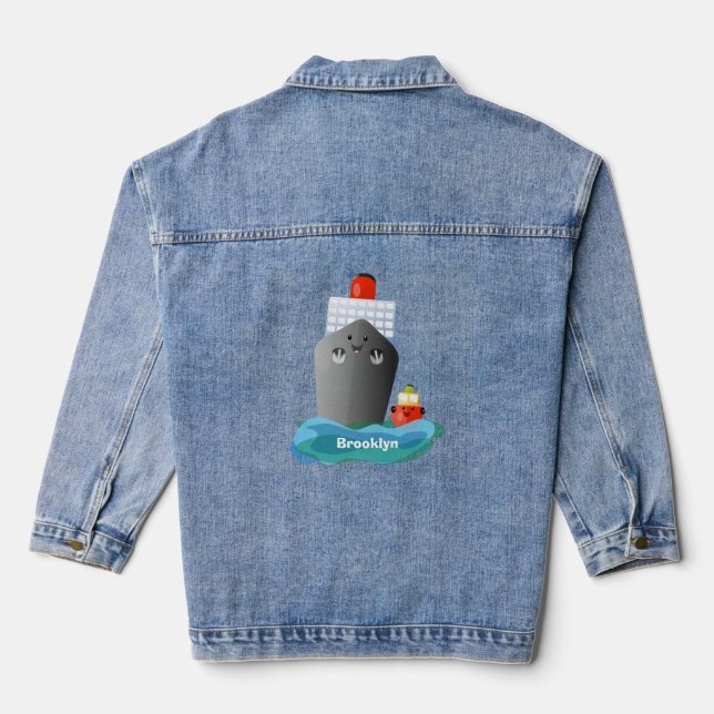 Cute ocean liner ship tug cartoon illustration denim jacket (Back)