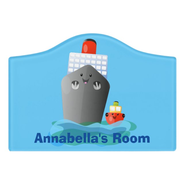 Cute ocean liner ship tug cartoon illustration door sign (Small Crest Front)