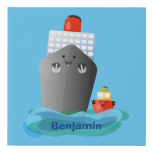 Cute ocean liner ship tug cartoon illustration faux canvas print